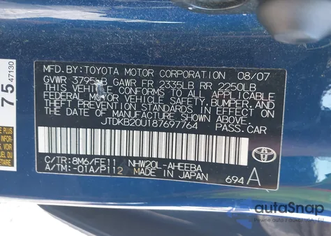 2008 Toyota Prius from USA, damaged, VIN JTDKB20U187697764